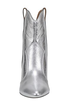 A curved topline and side pull-tabs underscore the Western inspiration behind this rich leather bootie elevated by a cone heel. 3 1/2" heel (size 8.5) 5" shaft Leather upper/synthetic lining and sole Imported Snip Toe Heeled Boots With Stacked Heel For Party, Party Heeled Boots With Stacked Heel And Snip Toe, Silver Ankle Boots With Reinforced Heel, Silver Leather Heeled Boots For Spring, Snip Toe Boots With Stacked Heel For Party, Party Boots With Stacked Heel And Snip Toe, Silver Leather Heeled Boots For Fall, Silver High Heel Western Boots, Chic Silver Leather Boots