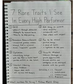 a notebook with writing on it that says 7 rare trails i see in every high performer