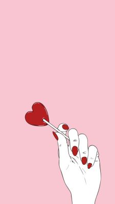 a hand holding a red heart with a needle in it's middle, against a pink background