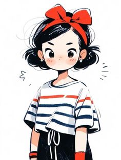 a drawing of a girl with a red bow on her head and black hair wearing a striped shirt