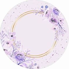 a white plate with purple flowers and gold trim around the edge on a white background