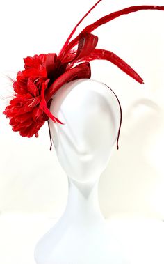 Fabulous Red Feather Flower Headband Fascinator Hat,  Red Flower Feather Derby  Fascinator Hat Headband Big 8" Red Flower, 30mm Crystal Center, Marabou Feather, Roster Feathers on Red Texture Sinamay Disk Hat Fascinator Headband with Long Red Roster Feathers ( 10-15" long) Labyrinth Costumes, Rose Hair Piece, Labyrinth Costume, Christmas Fascinator, Hair Styles With Hats, Valentines Headband, Red Amaryllis, Red Texture, Red Fascinator