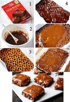 the steps to make chocolate caramel brownies are shown in this screenshot, with instructions on how to bake them