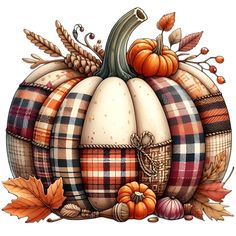 a drawing of a pumpkin with plaid and autumn leaves around it's edges, on a white background