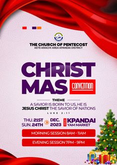 the church of pentecost christmas convention flyer with a christmas tree and presents