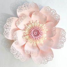 an overhead view of a pink flower with lacy doily