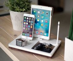 an electronic device and cell phone are sitting on a tray next to a potted plant