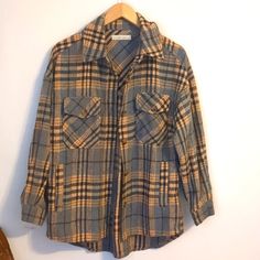 Adorable Plaid Shirt Jacket Or Shacket. Colors Are Blue/Gray, Tan, And Dark Navy. Perfect For Fall. Purchased From Betsy's Boutique But Was Too Large. New With Tags. Size Small/Medium. Vintage Cotton Shacket For Fall, Vintage Shacket With Pockets For Fall, Vintage Shacket With Pockets For Workwear, Vintage Shirt Jacket With Pockets For Work, Vintage Workwear Shacket With Pockets, Vintage Plaid Button-up Outerwear, Retro Fall Tops With Pockets, Vintage Plaid Collared Outerwear, Retro Plaid Button-up Outerwear