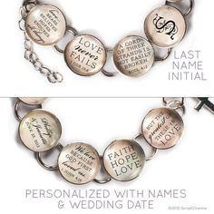 "Our personalized Love & Marriage charm bracelet is such a meaningful gift -- for a new bride, wedding anniversary, or just because. Makes a great bridal shower gift! This beautiful silver colored metal and glass charm bracelet is personalized with a beautiful initial, his and her names and wedding date, along with Bible verses on love and marriage -- on eight glass charms: 1 Corinthians 13:7-8 Love... bears, believes, hopes, endures all things. Love never fails. Ecclesiastes 4:12 A cord of Silver Personalized Bracelets For Bridesmaid Gift, Silver Name Bracelet For Bridesmaid Gift, Silver Name Bracelets For Bridesmaid Gift, Silver Engraved Bracelets For Wedding, Customizable Silver Name Bracelet For Bridesmaid Gift, Silver Initials Bracelet For Wedding, Silver Initials Bracelets For Wedding, Inspirational Silver Bracelets For Valentine's Day, Silver Inspirational Bracelets For Valentine's Day