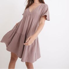 Tiered Mini Dress From Madewell Dusty Rose Colored Falls Above The Knee Size Medium New With Tags Smoke Free Home Chic Mauve V-neck Mini Dress, Chic Mauve Short Sleeve Dress, Mauve V-neck Mini Dress For Summer, Casual Flowy Mauve Dress, Casual Mauve V-neck Dress, Checked Shirt Dress, Cotton Gauze Dress, Madewell Dress, White Embroidered Dress