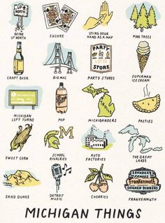 an image of michigan things to see and do in the fall / winter months, illustrated by hand