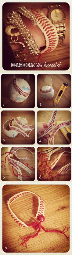 instructions for how to make baseball bracelets with beads and thread on wood table top