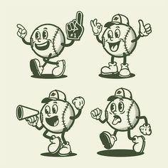 four cartoon baseballs with different poses and expressions, including one holding a megaphone