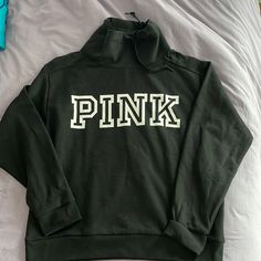 This Is A Black And White Hoodie From The Pink By Victorias Secret Brand. New With Tags Size M Fleece Tops With Logo Print For Loungewear, Casual Fleece Top With Funnel Neck, Logo Print Fleece Hoodie, Black Fleece Top For College, Black And White Hoodie, Tiger Hoodie, Pink Hoodie Victoria Secret, Sequined Sweatshirt, Joggers Outfit