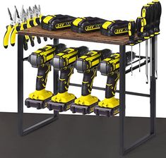 a workbench with tools on it and some screwdrives hanging from the top