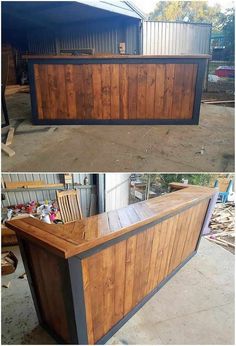 two pictures of a bar made out of wood and metal