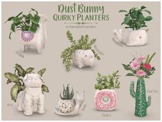 various ceramic planters with flowers and plants in them on a gray background that says just bunny furry planets