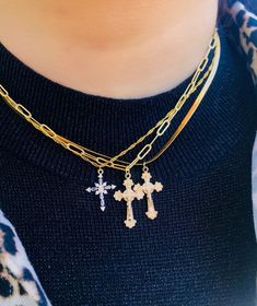 "❤︎ Gold FILLED Cross Necklace, Gold Rosary Cross, Dainty Crystal Cross, Religious Necklace, Unisex Cross, Birthday Gift❤︎ - For purchasing the CROSS EARRINGS please use this link: https://www.etsy.com/listing/982945789/gold-cross-hoop-earrings-crystal-cross?ref=shop_home_active_1&pro=1&frs=1 ----------------------------------------------------------------------------------------------------------------------------- ...A B O U T...T H I S...I T E M... ~~Lead-free and Nickel-free. ~~ 100% Trendy Cross Pendant Jewelry Gift, Trendy Gold Cross Jewelry, Gold Cross Charm Necklaces, Gold Cross Pendant Charm Necklace With Adjustable Chain, Gold Charm Necklace With Cross Pendant And Adjustable Chain, Gold Charm Necklaces With Cross Pendant And Adjustable Chain, Gold Cross Chain Necklace With Clavicle Chain, Gold Cross Necklace With Delicate Chain For Everyday, Gold Dainty Cross Necklace With Adjustable Chain