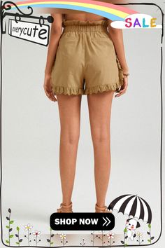 Lace Trim Pocket Solid Casual Shorts for Women Khaki Short Bottoms For Vacation, Khaki Short Length Vacation Bottoms, Khaki Summer Bottoms With Short Inseam, Khaki Bottoms With Short Inseam For Summer, Summer Khaki Bottoms With Short Inseam, Khaki Summer Shorts With Short Inseam, Summer Bottoms With Elastic Waistband In Khaki, Khaki Short Length Summer Bottoms, Khaki Bottoms With Elastic Waistband For Beach