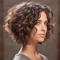 Curly Bob with Inverted Back A Line Haircut Curly Hair, A Line Curly Bob, Short Curly Bob Hairstyles Messy Curls, Short Wavy Perm, Shorter Curly Haircuts, Short Curly Stacked Bob, Curly Inverted Bob Hairstyles, Inverted Bob Curly Hair, Stacked Curly Bob Haircut