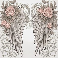 two angel wings with roses on them