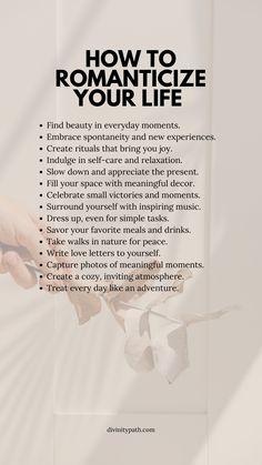 Hey loves! 💕 Are you tired of the same old routine? Want to add a little more magic and romance to your life? Well, I've got you covered! 🌟 Here are a few simple tips to help you #romanticizeyourlife and make every day feel like a fairytale. ✨     #romance #selflove #happiness #lifestyle #fairytale #enjoylife #loveeveryday #instalove Happiness Lifestyle, Fairytale Romance, Happiness Habits, Self Help Skills, Journal Inspiration Writing, Inspirational Songs, Personal Growth Motivation, Get My Life Together, Journal Writing Prompts