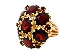 Ring Specifications:Metal: 14k Yellow GoldTotal Weight: 14.9 GramsGemstone: Red GarnetGarnet Carat Weight: ~21 caratsRing Size: 5.5 (resizable)Ring Measurements: 1" x 1"Stamped: "14K"Condition: Preowned, excellent100% Authentic. Please ask all questions before bidding or making a best offer. International Bidders please contact us before bidding for shipping availability and charges. Red Gemstone Flower Ring For Formal Occasions, Formal Red Gemstone Flower Ring, Red Oval Garnet Cluster Ring, Oval Red Garnet Cluster Ring, Formal Oval Flower Ring In Fine Jewelry Style, Oval Flower Ring For Formal Events, Red Cluster Ring For Formal Occasions, Heirloom Red Oval Cluster Ring, Formal Red Cluster Ring