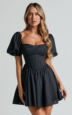 Souza Mini Dress - Fit and Flare Puff Sleeve Corset Dress in Black Satin Corset Dress Short, Cute Club Outfits Going Out, Corset Dress Mini, Honeymoon Fits, Corset Dress Short, Tailor Clothes, Short Corset Dress, Black Puff Sleeve Dress, Cocktail Attire For Women