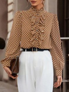 Loose Puff Sleeves Floral Pleated Polka-Dot Split-Joint Stand Collar Blouses COFFEE-S Stand Collar Blouse, Collar Blouse, Puff Sleeves, Stand Collar, Puff Sleeve, Polka Dot, Polka Dots, Split, Blouses