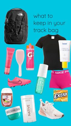 the contents of a travel bag are shown in this image with text that reads, what to keep in your track bag