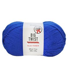 blue ball of yarn with the words, big twist value found in white and red