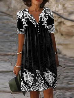 Women Short Sleeve V-neck Floral Printed Buttons Midi Dress Casual Black Dress With Notched Neckline, Black Split Neck Summer Dress, Black Split Neck Dress For Summer, Dresses By Length, Types Of Dresses, Black Midi Dress, Floral Printed, Floral Print Dress, Women's Fashion Dresses