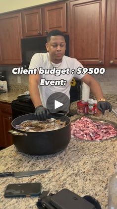 a man cooking food in a large pan on top of a kitchen counter with the words client budget $ 350 event