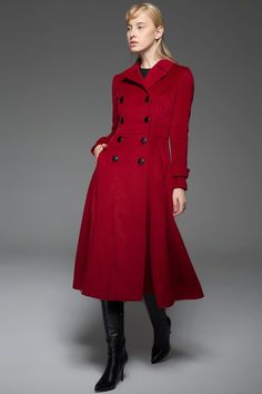 The long wool coat is made of 60% wool, others are polyester. it has a polyester lining. the winter coat is closed by front double buttons. Fitted style prefect show womens body curve. A great classic coat is essential to complete any fall or winter outfit and this wool red coat is just the one. The sleek and tailored look of this woman's coat will give you a polished but modern look at all times. This is a warm and comfortable coat that is just as functional as it is stylish. This classic coat Red Long Coat, Long Coat Outfit, Mode Mantel, Red Wool Coat, Full Length Coat, Wool Winter Coat, Long Wool Coat, Classic Coats, Red Coat