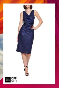 Shimmer Cowlneck Sheath Dress Blue Fitted Sheath Sleeveless Dress, Blue Sheath Dress Lined, Pre-draped Sheath Party Dress, Pre-draped Sheath Midi Party Dress, Pre-draped Sheath Cocktail Dress, Short Sheath Dress, Fitted Sheath Dress, Daytime Dresses, Cowl Neckline