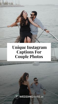 two people on a boat with the text unique instagramn captions for couple photos