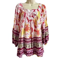 Figueroa & Flower For Anthropologie Bohemian Print Blouse Size Xl New With Tags. No Flaws. - Relaxed Fit - Square Neckline - Long Balloon Sleeves - Lightweight And Flowy Fabric - 100% Rayon Measurements Laying Flat In Inches: - Pit To Pit 20 1/2” - Length 27 1/2” - Sleeve Length 21” I’m Happy To Answer Any Questions Returns Are Not Accepted Bundle To Save 15% Off On 2+ Items Offers Welcome!! Tags: Boho, Floral, Coastal, Casual, Fall, Spring, Summer L009 Long Sleeve Printed Peasant Top For Vacation, Spring Floral Print Peasant Tunic Top, Spring Floral Print Tunic Peasant Top, Feminine Multicolor Blouse For Vacation, Bohemian Long Sleeve Peasant Top With Floral Print, Flowy Multicolor Floral Print Blouse, Bohemian Flowy Peasant Top With Floral Print, Long Sleeve Peasant Top With Floral Print For Spring, Long Sleeve Floral Print Summer Blouse