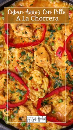 a pan filled with chicken and rice covered in red peppers, garnished with parsley