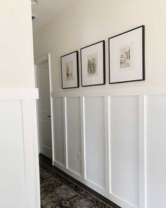 three framed pictures hang on the wall next to white paneled walls in a hallway