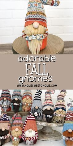 several knitted gnomes sitting on top of each other with the words adorable fall gnomes above them