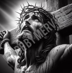 the crucifix with jesus on it is shown in black and white