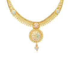 Indulge in the luxury of 22k yellow gold with this exquisite necklace and earring set by Virani Jewelers. This beautiful gold necklace and earring set features a mesmerizing mix of traditional elements and modern charm, reflecting the rich heritage of Indian gold jewelry. The intricate design and vibrant details make this 22k gold necklace and earring set a perfect choice for those who appreciate timeless elegance and exquisite craftsmanship.Features• 22k yellow goldNecklace Specifications:• Min Yellow Gold Meenakari Jewelry Sets For Diwali, Meenakari Yellow Gold Jewelry Sets For Diwali, Diwali Meenakari Yellow Gold Jewelry Sets, 22k Yellow Gold Chandbali Kundan Necklace, Festive 22k Gold Dual-tone Necklaces, 22k Gold Round Temple Necklace With Meenakari, 22k Yellow Gold Kundan Necklace With Meenakari, Yellow Gold Round Temple Necklace With Meenakari, 22k Gold Temple Necklace With Meenakari