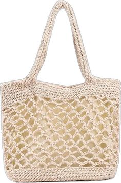 a crocheted handbag with handles on the handle is shown in beige and white