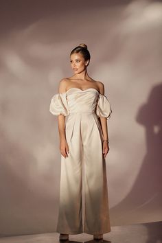 Viclans Off-The-Shoulder Satin Cream Jumpsuit with Puffy Sleeves – VICLAN Cream Jumpsuit, Wedding Jumpsuit, Cream Wedding, Fabric Structure, Puffy Sleeves, Wedding Things, Model Height, Bridesmaid Dress, One Shoulder Dress