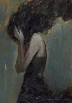 an oil painting of a woman with long black hair holding her head to her face