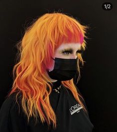 70s Glam Rock Hair, Mullet Hair Color, Orange And Purple Hair, Orange And Red Hair, Orange And Pink Hair, Orange And Yellow Hair, Long Hair Undercut, Fire Hair Color, Shaved Long Hair