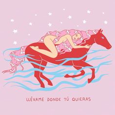 a drawing of a woman laying on top of a horse with stars in the background