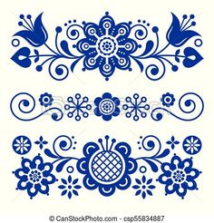 decorative elements in the style of art period, including blue flowers and leaves on white background