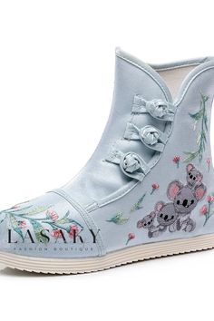 Lasaky - Premium Embroidered Floral Pattern High-Heeled Short Boots - Perfect for Traditional Chinese Attire Embroidered Closed Toe Summer Boots, Traditional Embroidered Boots For Spring, Casual Boots With Floral Embroidery And Round Toe, Blue Embroidered Boots For Spring, Blue Embroidered Spring Boots, Blue Goldfish, Chinese Attire, Chinese Outfits, Pink Squirrel