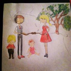 a drawing of a man and woman holding hands with two children in front of a tree